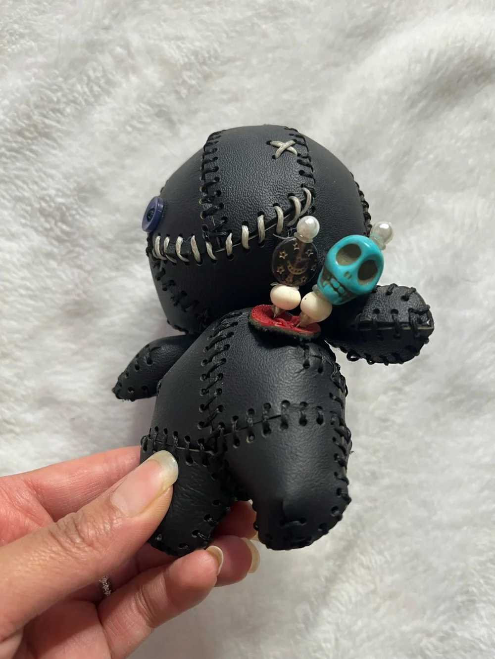 Black Stitched Voodoo Doll Keychain with Turquoise Skull Charm